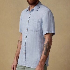 Faherty Mens Palma Linen Short Sleeve Camp Shirt Blue Basketweave XL Preppy